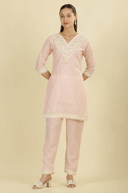 Pink Cotton Hacoba Style Neck-Embroidered Kurta Set
