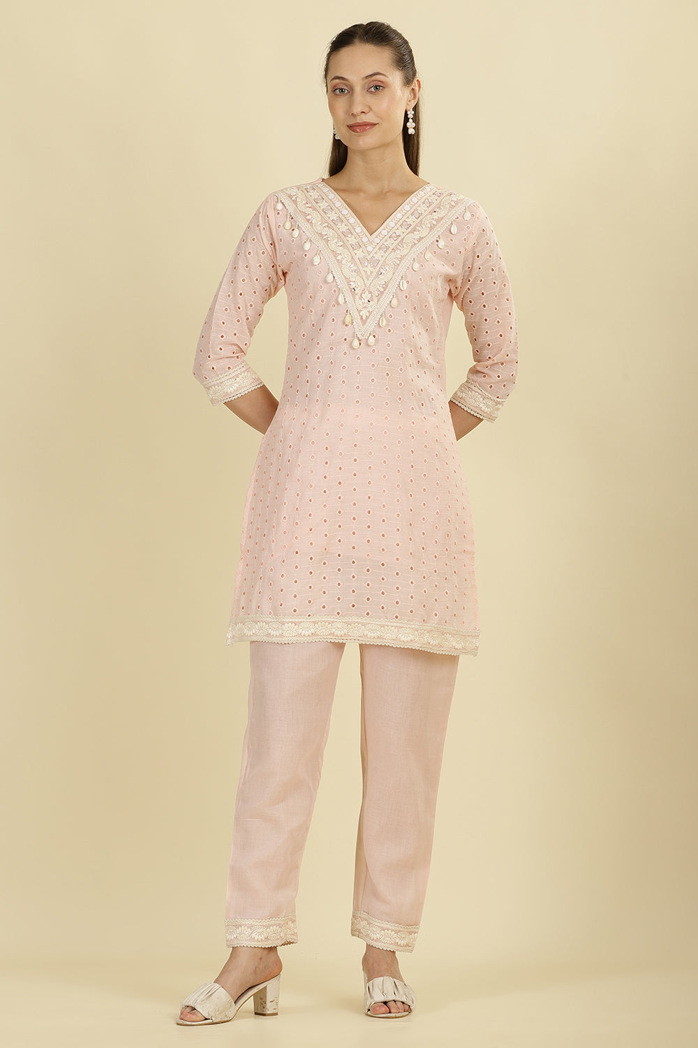 Pink Cotton Hacoba Style Neck-Embroidered Kurta Set