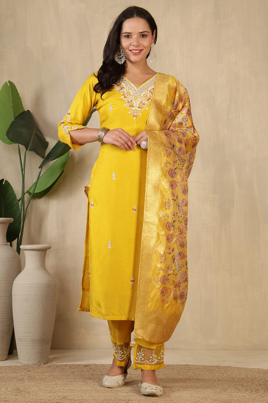 Mustard Neck Embroidered Silk Suit