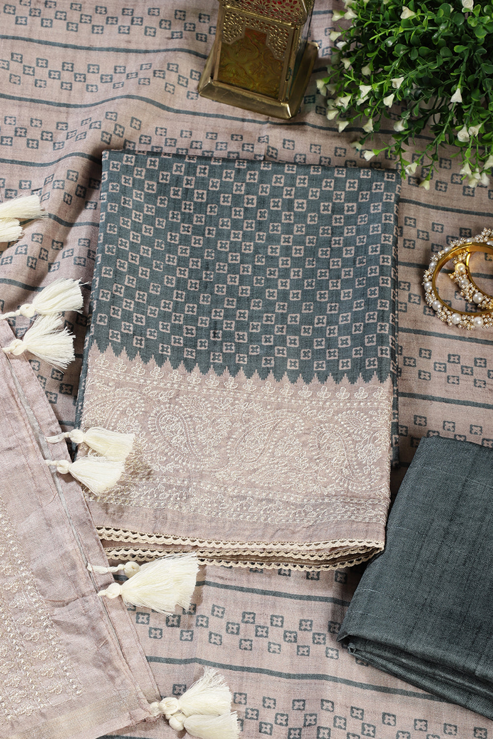 Mint Green Tussar Cotton Printed And Reham Embroidered Unstiched Suit Material