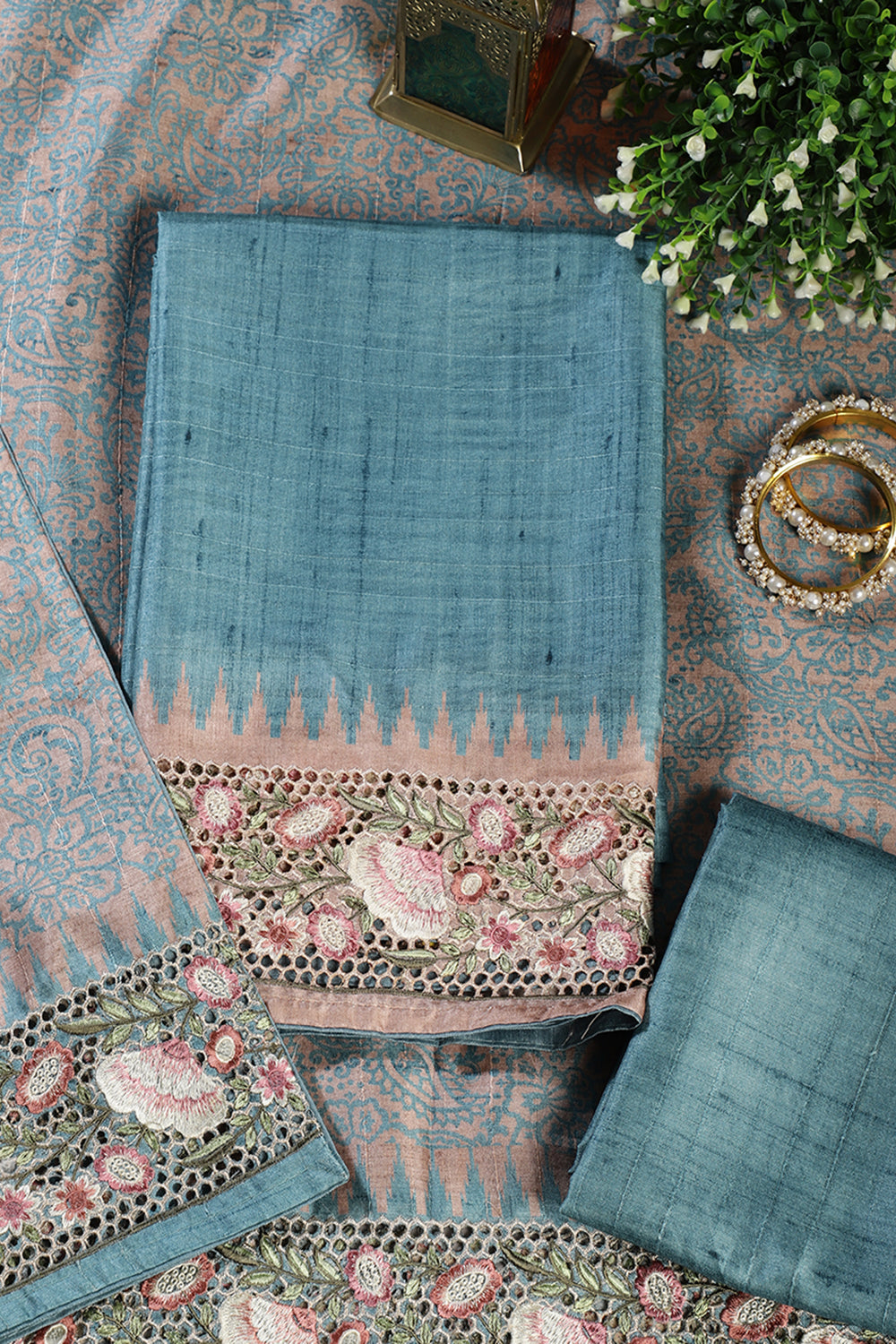 Cadet Blue Tussar Cotton Floral Lace Work Unstiched Suit Material