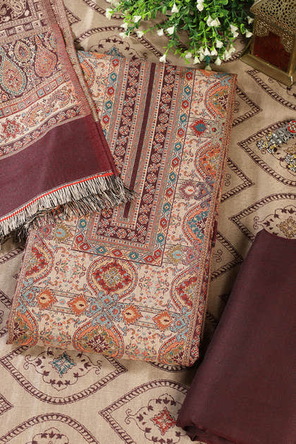 Maroon Pashmina Digital Printed Unstitched Suit Material