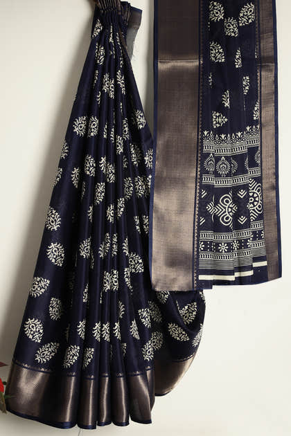 Navy Color Block Printed Cotton Silk Saree