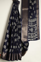 Navy Color Block Printed Cotton Silk Saree