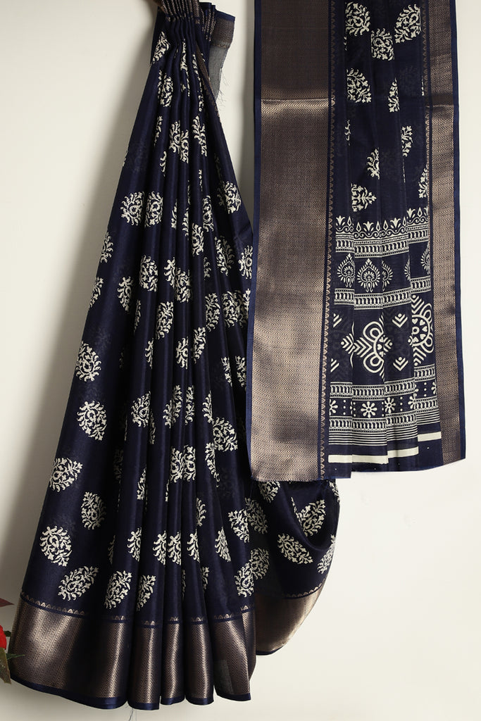 Navy Color Block Printed Cotton Silk Saree