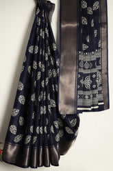 Navy Color Block Printed Cotton Silk Saree