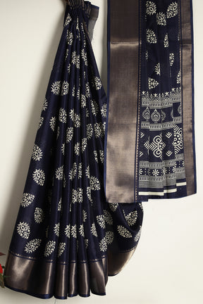Navy Color Block Printed Cotton Silk Saree