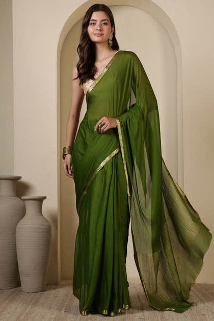 Green Chiffon Zari Border Saree