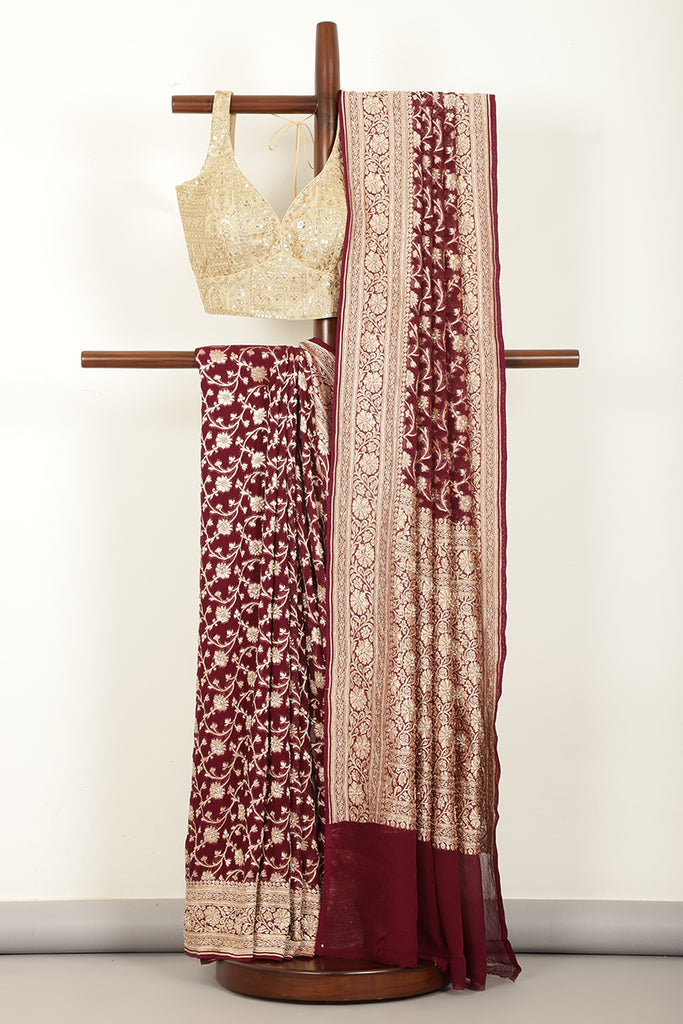 Wine Color Pure Khaddi Georgette Banarasi Saree