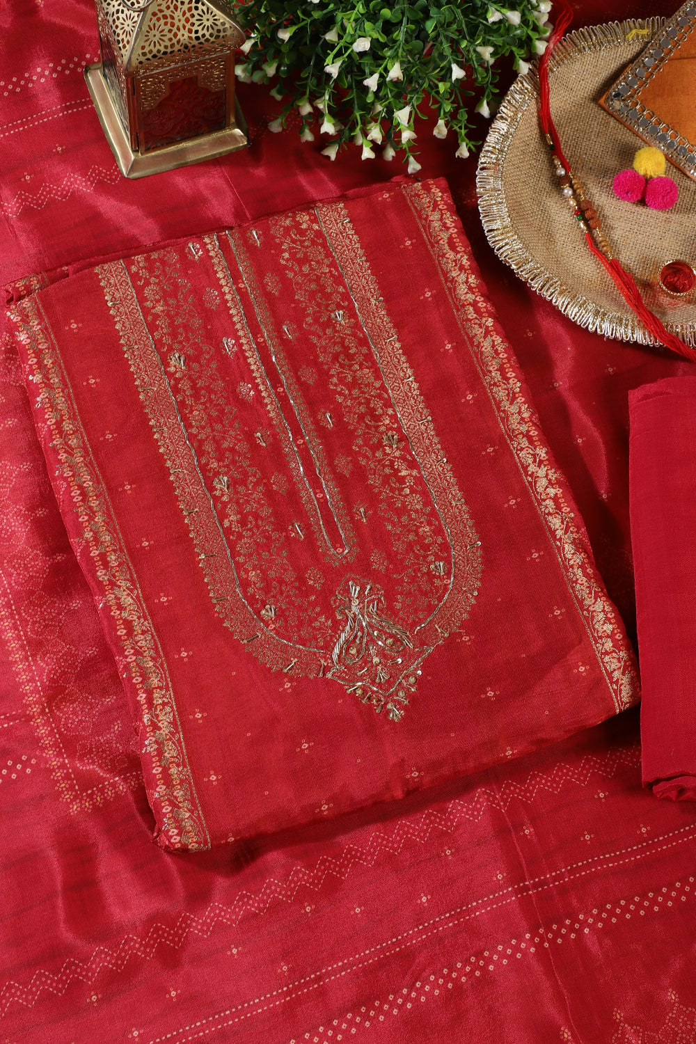 Red Silk Zari Woven And Bandhani Printed Unstitched Suit Fabric
