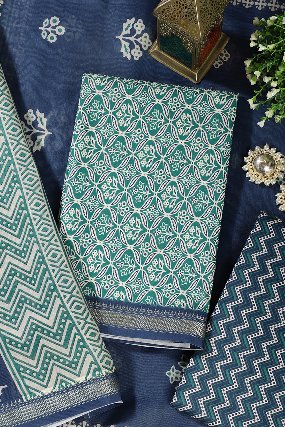 Green Cotton Ajrakh Block Print Unstitched Suit Material