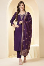 Purple Color Silk Neck Embroidered Suit Set