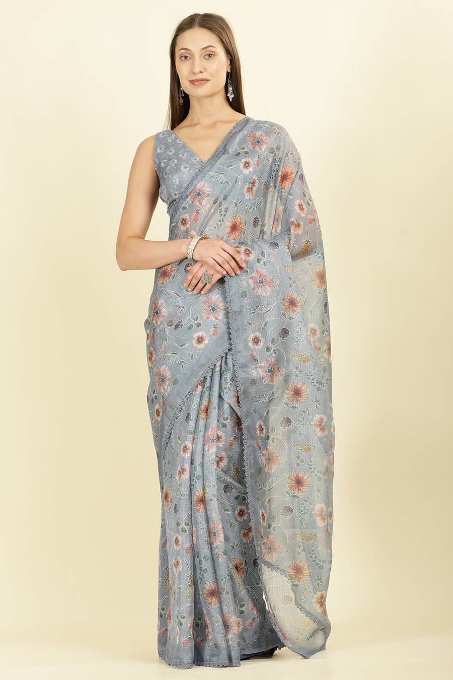 Grey Organza Floral Printed And Lace Work Saree