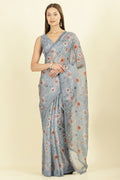 Grey Organza Floral Printed And Lace Work Saree