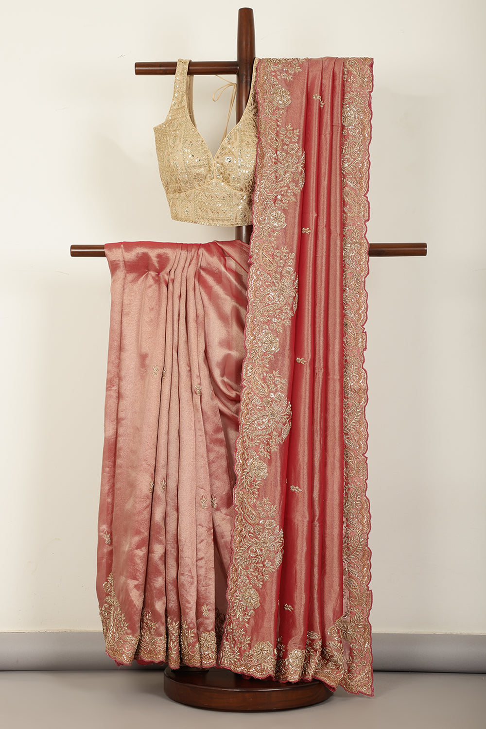 Rani Copper Color Pure Tissue Handloom Saree with Sequence & Zardozi Handwork