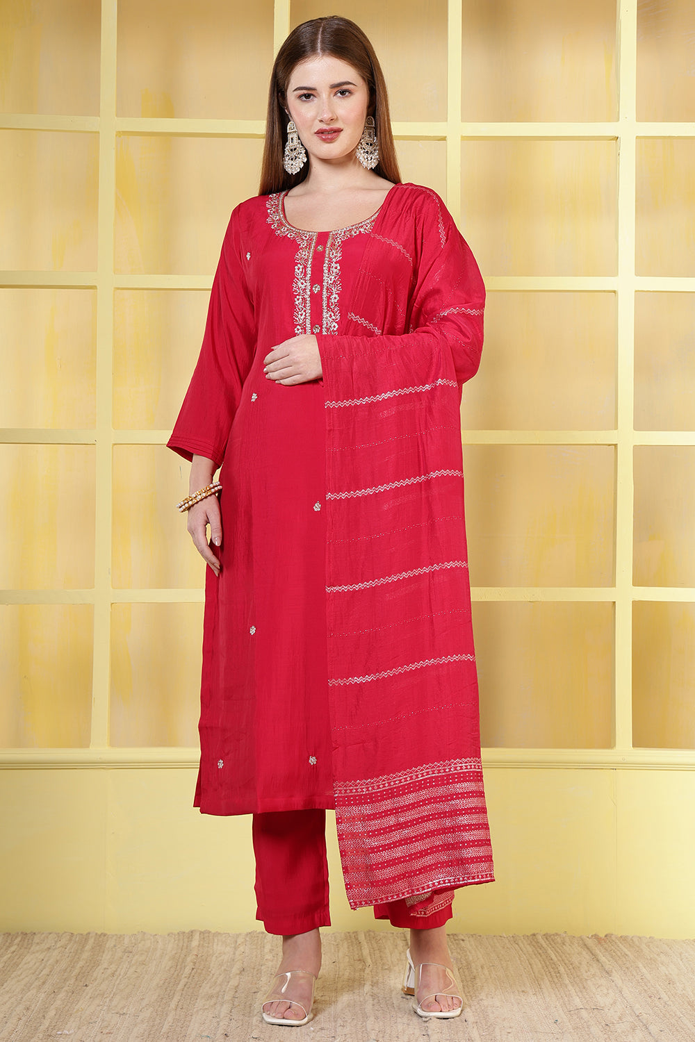 Magenta Silk Cut-Dana And Pearl Embroidered Suits