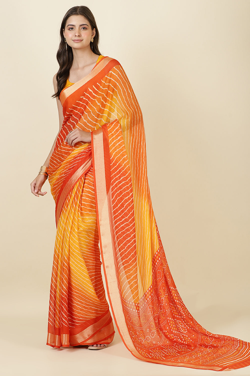 Orange Georgette Leheriya Printed Saree