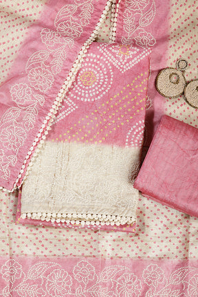 Coral Pink Color Tussar Silk Bandhani Printed Unstitched Suit Material
