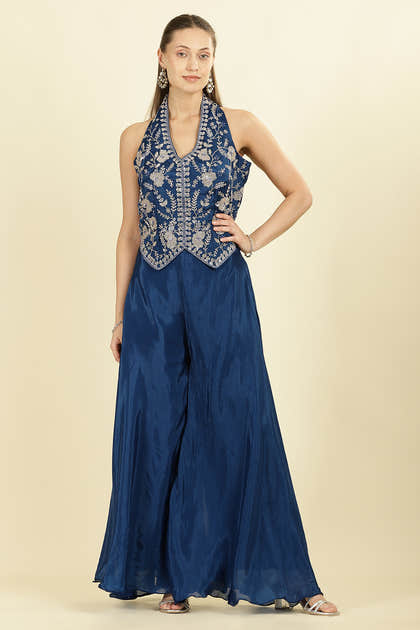 Blue Crepe Silk Emboridered Crop-Top With Palazzo Indo-Western Co-ord Set
