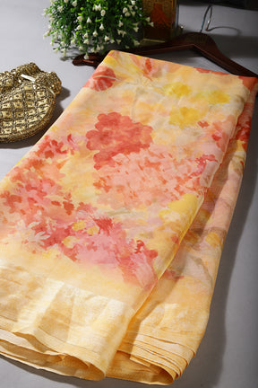 Pale Yellow Color Floral Printed Chiffon Saree