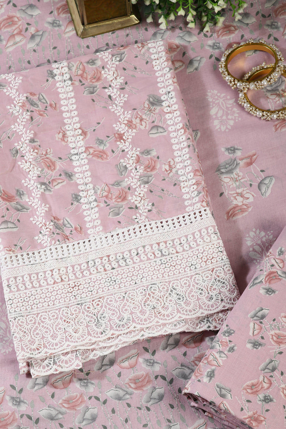 Pink Color Cotton Resham Embroidered And Lace Work Unstitched Suit Fabric