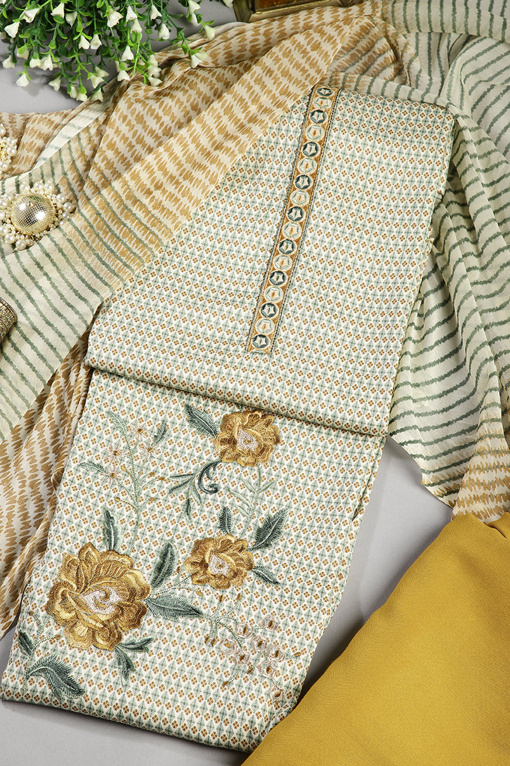 Mustard Color Printed And Resham Embroidered Unstitched Suit Material