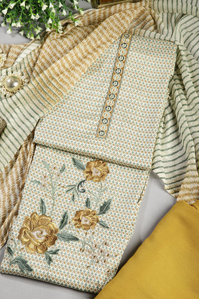 Mustard Color Printed And Resham Embroidered Unstitched Suit Material