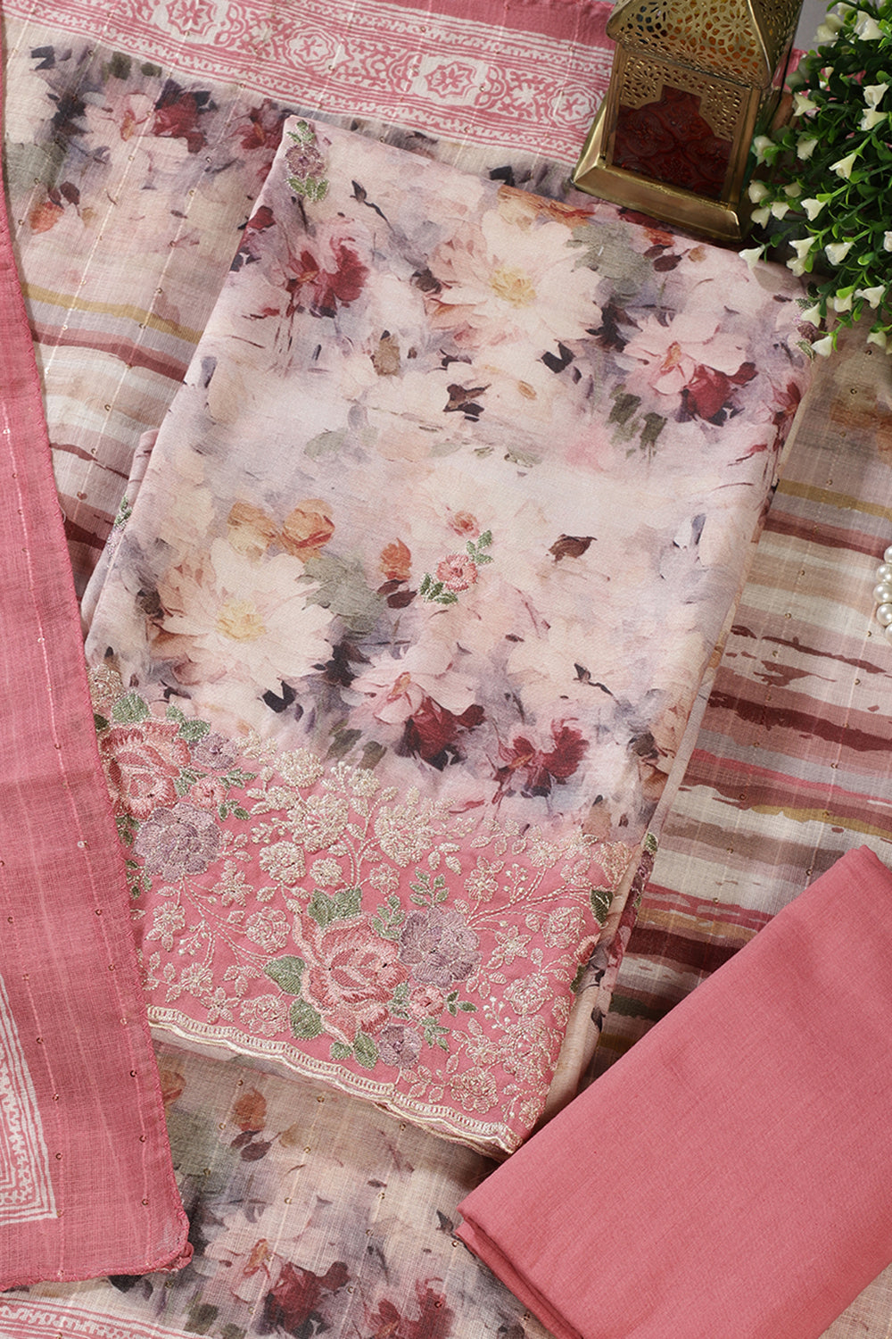 Pink Cotton Floral Printed And Hemline Embroidered Unstitched Suit