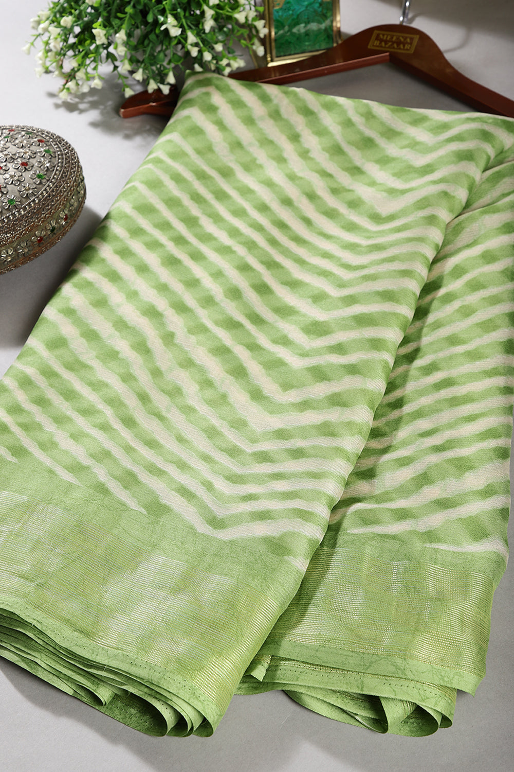 Olive Green Color Chiffon Leheriya Printed Saree