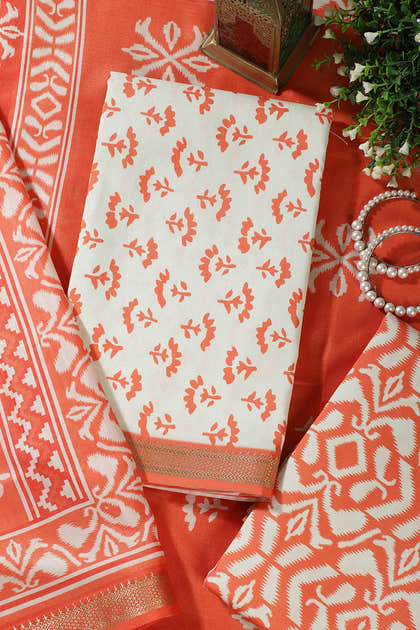 Orange Floral Block Print Cotton Unstitched Suit Fabric