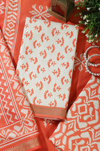 Orange Floral Block Print Cotton Unstitched Suit Fabric