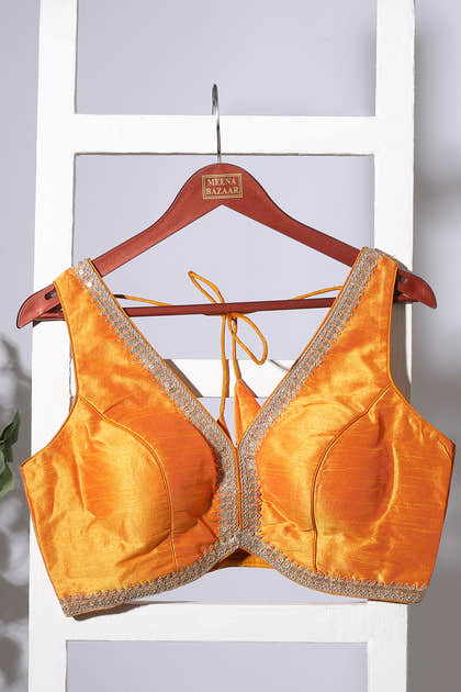 Mustard Tussar Silk Zari And Sequins Embroidered Readymade Blouse
