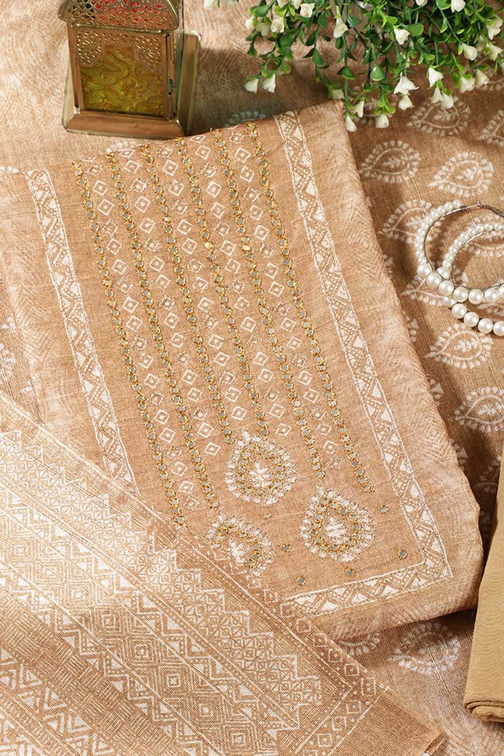 Light Brown Chanderi Silk Mirror Worked Unstitched Suit Material