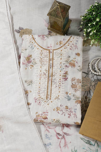 Cream & Fawn Chanderi Cotton Floral Printed And Embroidered Unstitched Suit