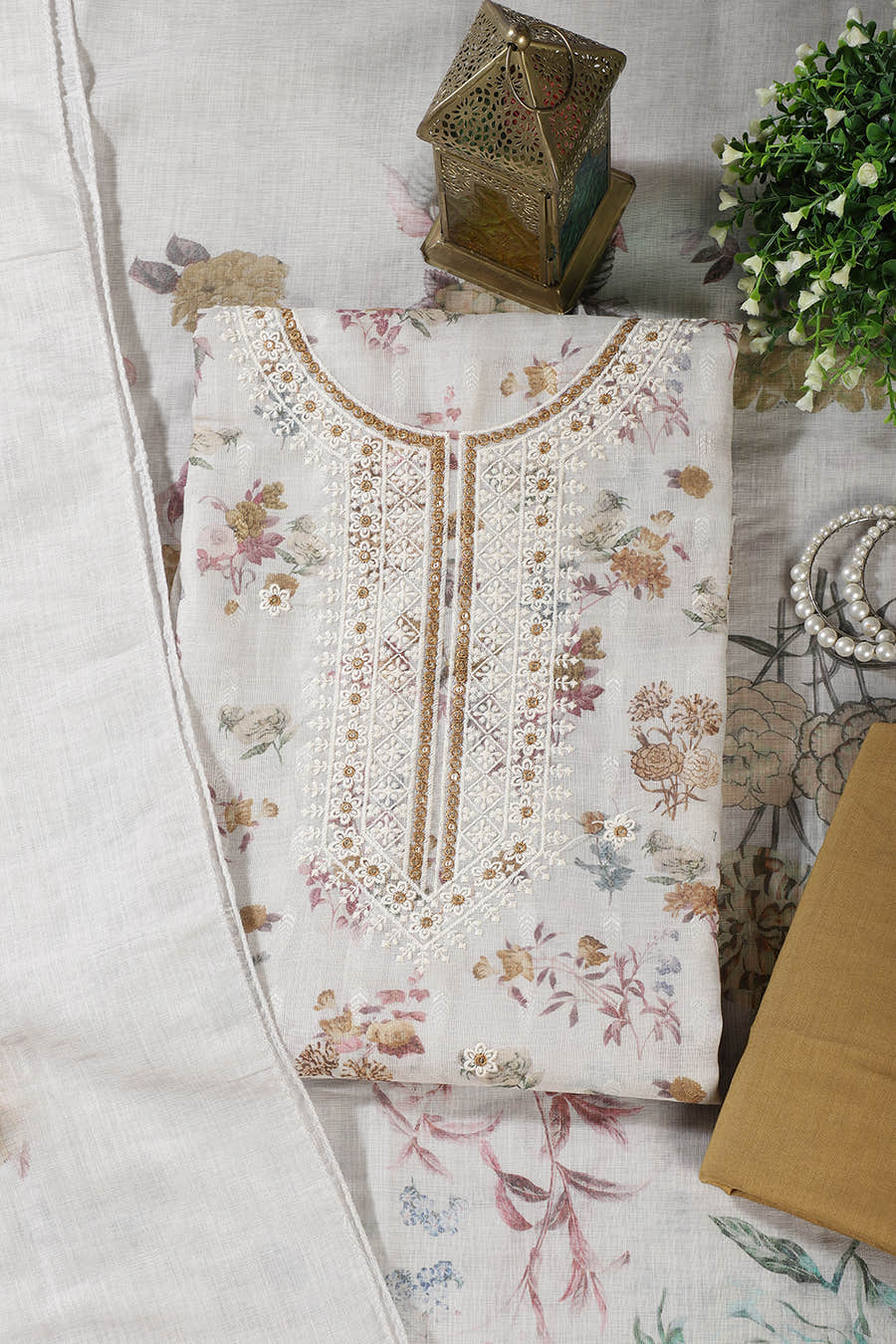 Cream & Fawn Chanderi Cotton Floral Printed And Embroidered Unstitched Suit