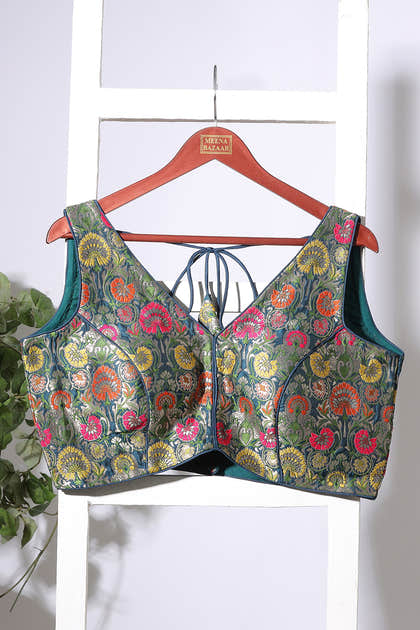 Bottle Green Brocade Sik Resham And Zari Woven Readymade Blouse