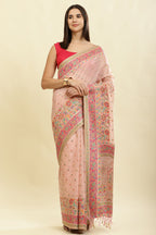 Pink Chanderi Cotton kashida Weaves Saree