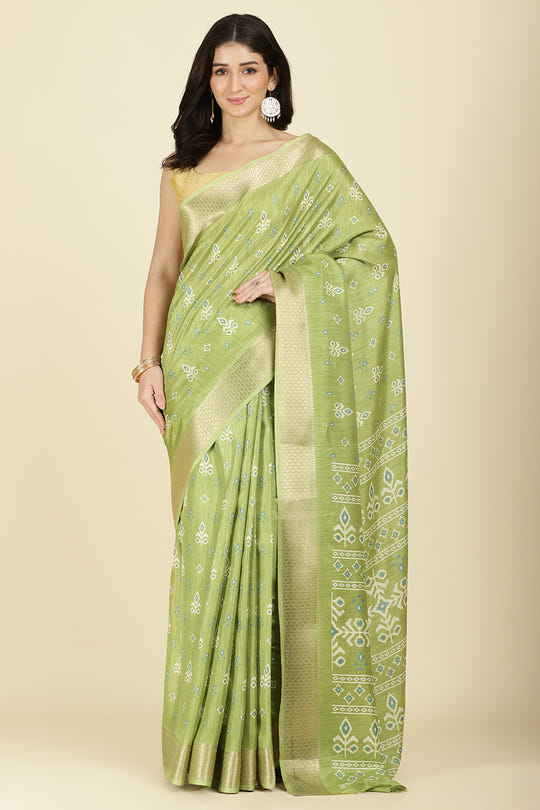 Light Green Cotton Silk Printed And Zari Woven Saree