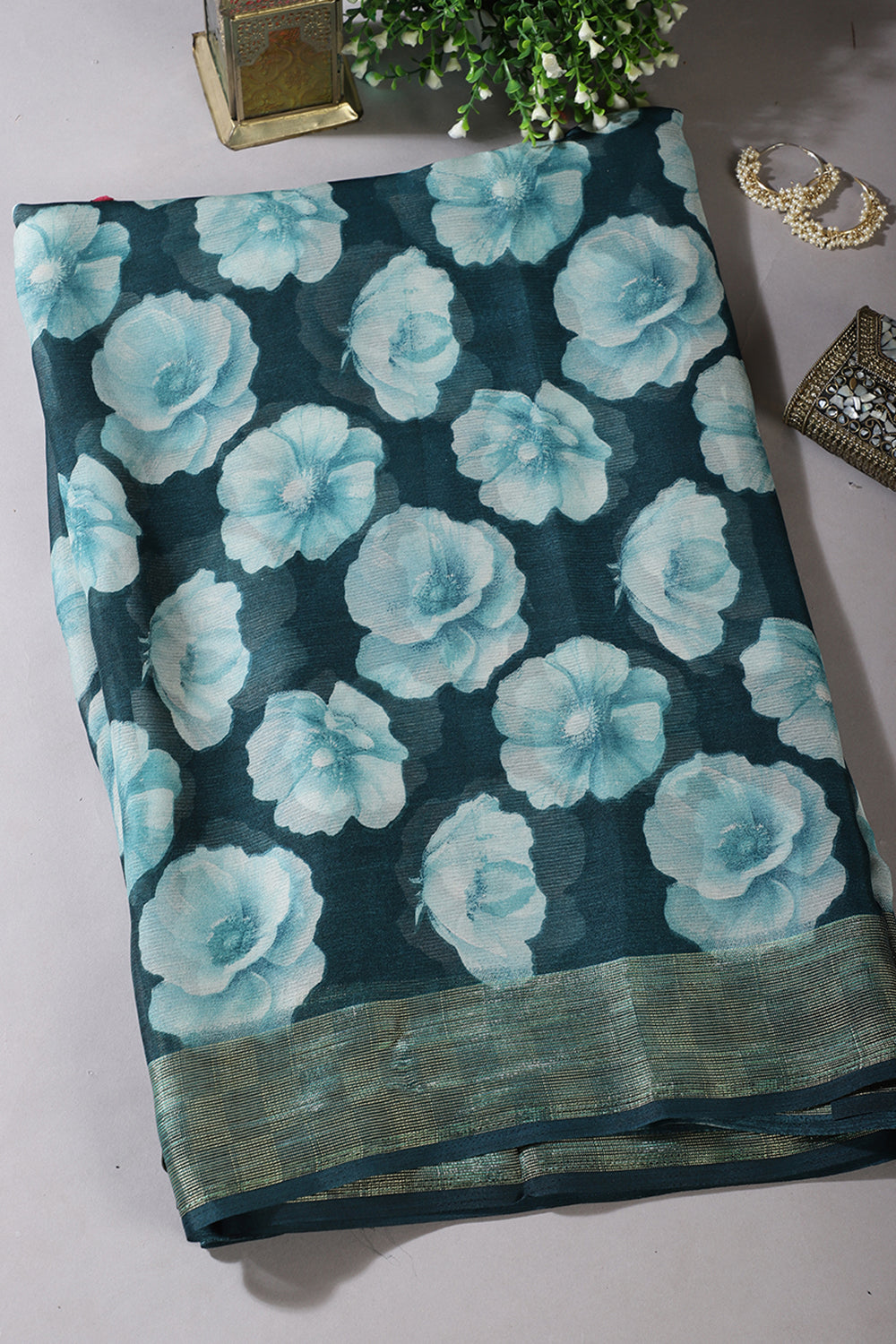 Teal Chiffon Floral Printed Saree