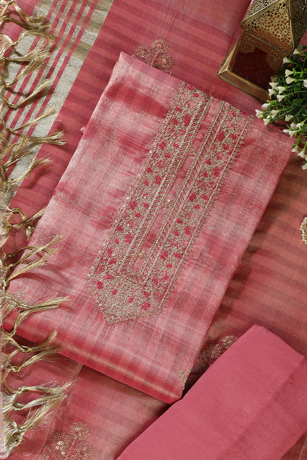 Tulip Pink Tissue Silk Zari And Resham Embroidered Unstitched Suit Material