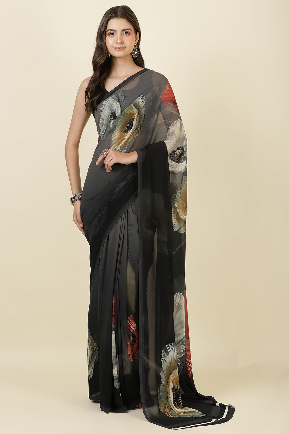 Black Georgette Floral Printed Saree