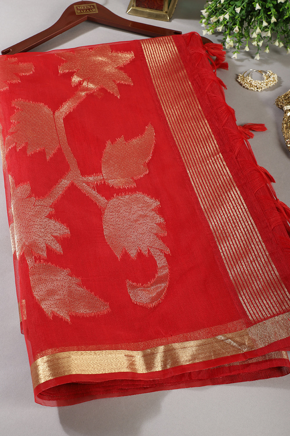 Red Tussar Silk Floral Zari Woven Saree