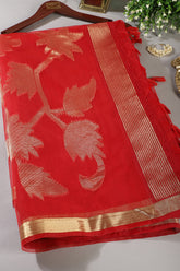 Red Tussar Silk Floral Zari Woven Saree