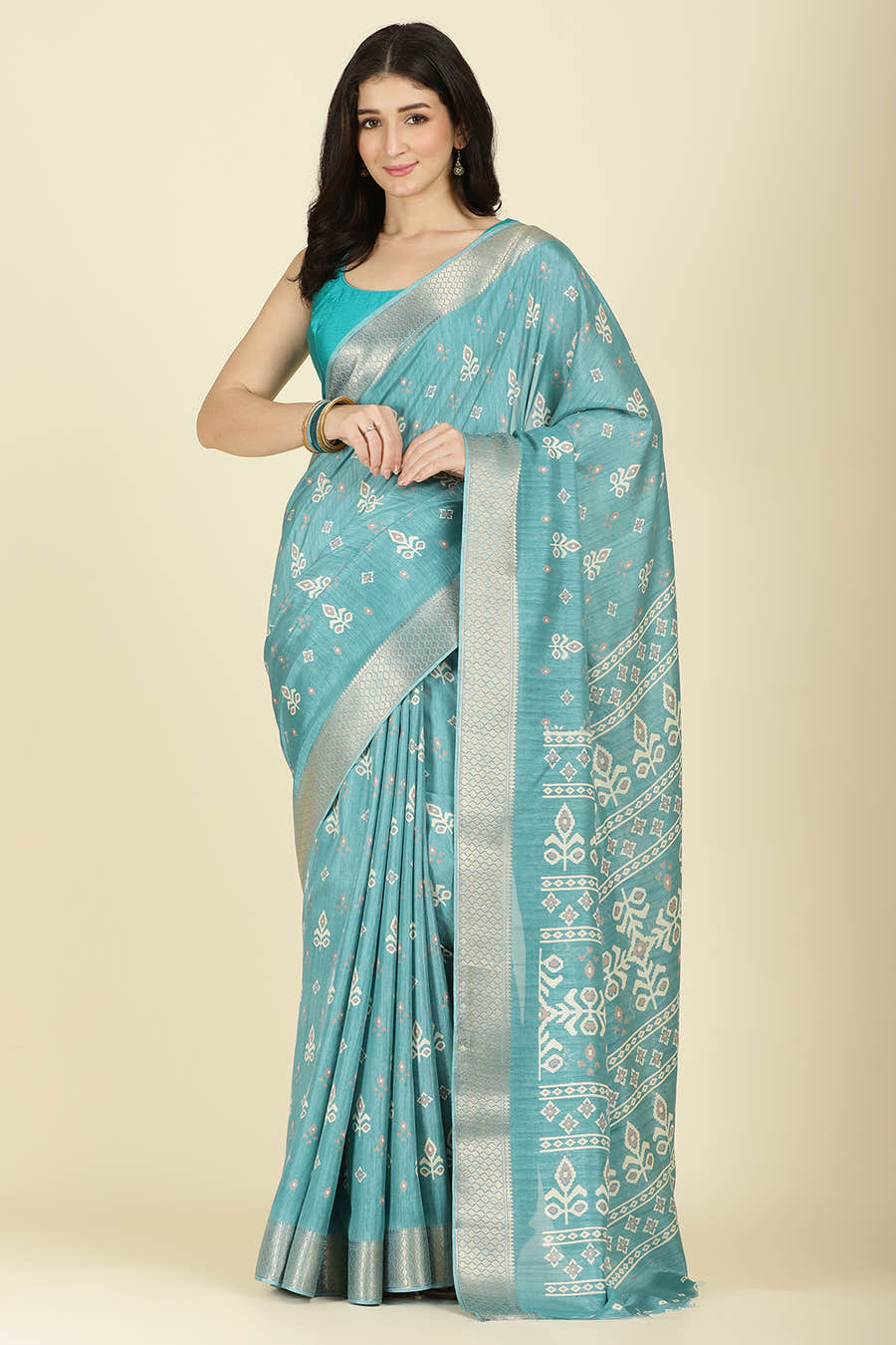 Turqouise Cotton Silk Printed And Zari Woven Saree