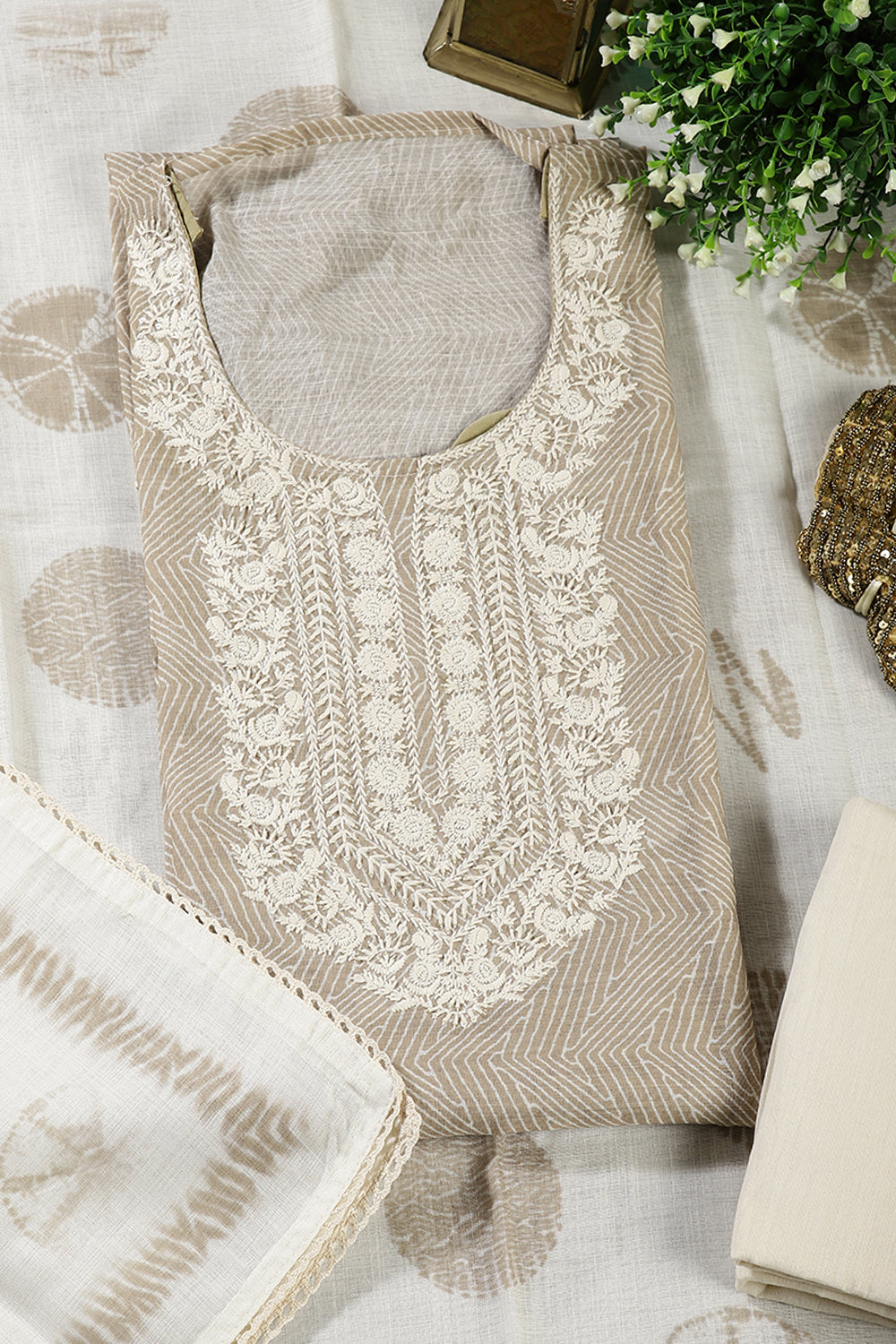 Dark Beige Colour Cotton Printed & Resham Neck Embroidered Unstitched Suit