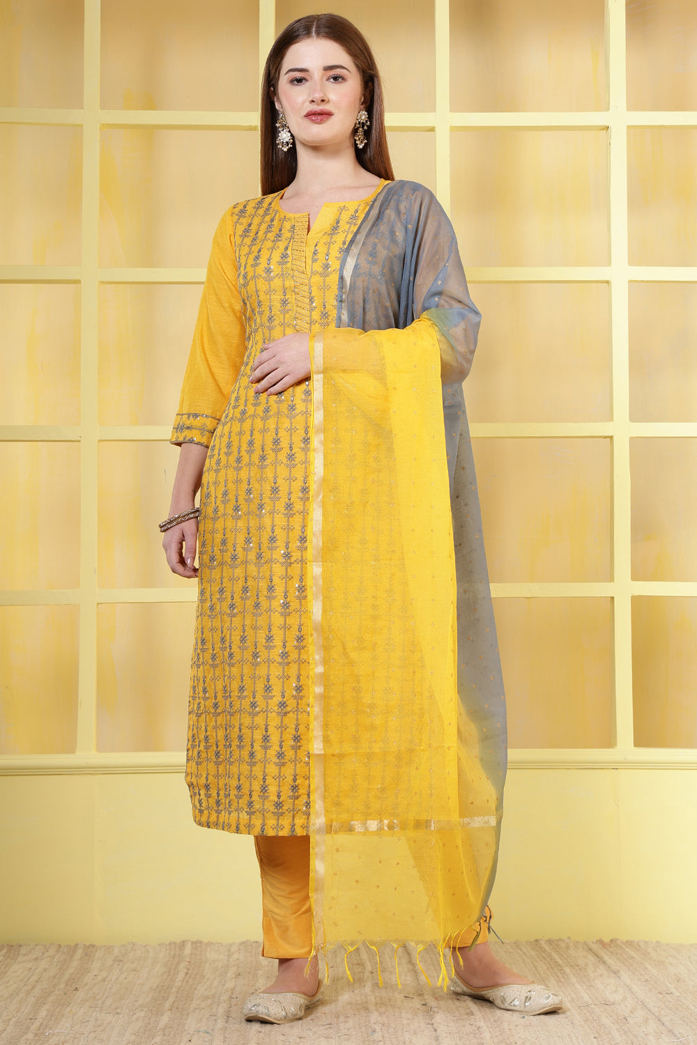 Mustard Chanderi Cotton Resham Embroidered Suit