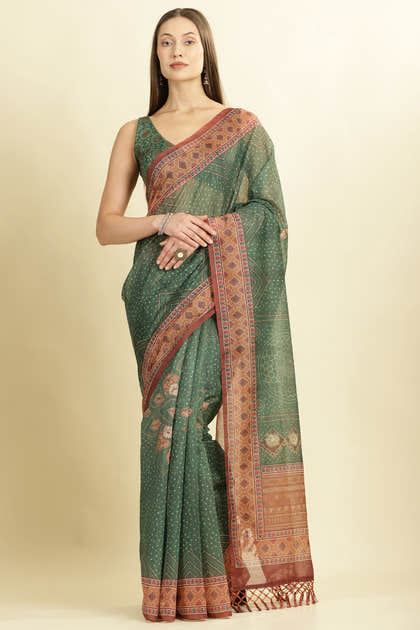 Green Organza Cotton Bandhani Block Printed Saree