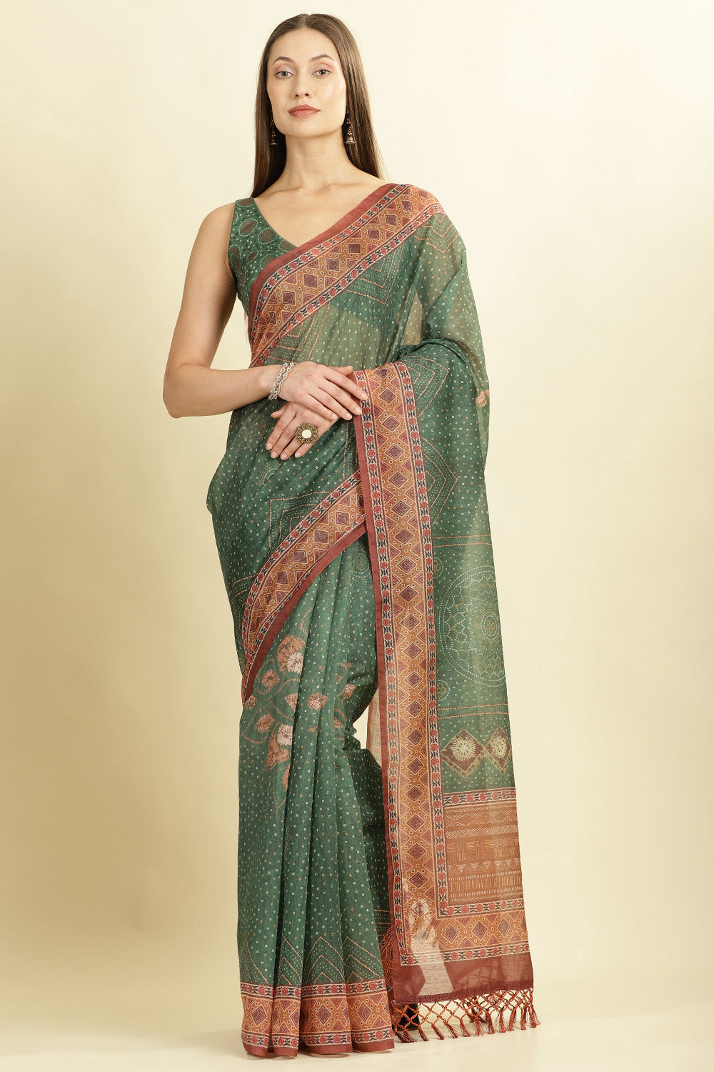 Green Organza Cotton Bandhani Block Printed Saree