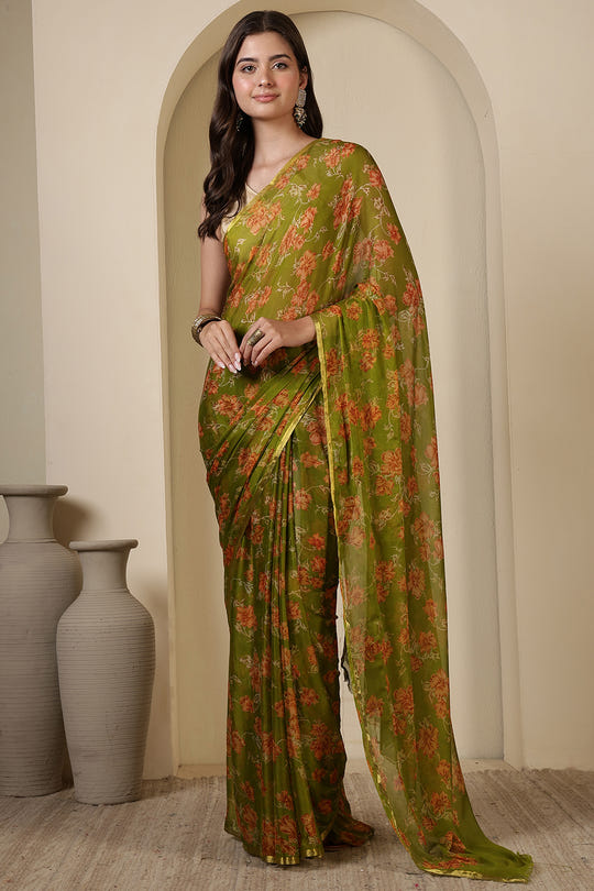 Olive Green  Chiffon Floral Zari Border & Floral Printed Saree