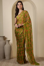 Olive Green  Chiffon Floral Zari Border & Floral Printed Saree